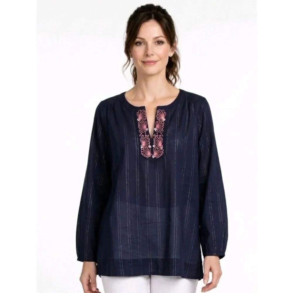 Lilly Pulitzer Navy Blue Land & Sea Embroidered Thandie Tunic Size L